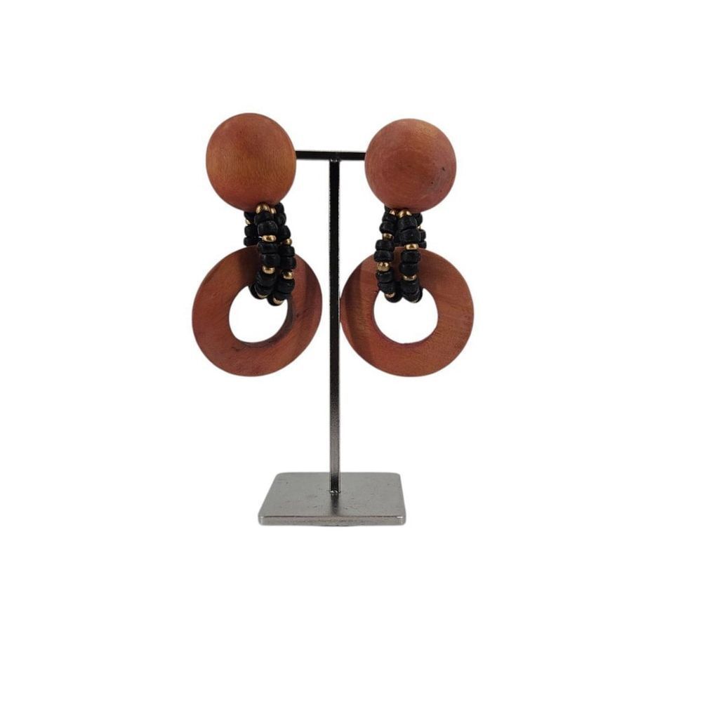 Vintage Wood Bead Dangle Clip-On Earrings